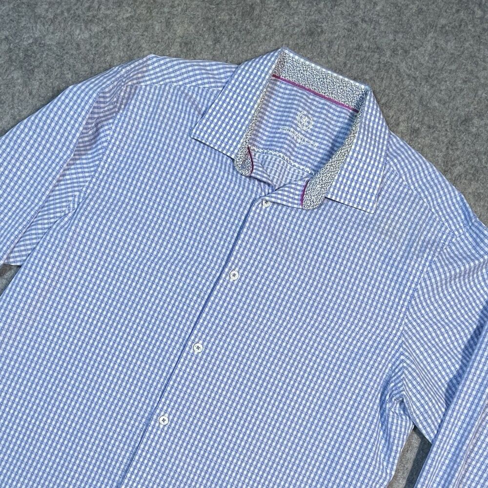Bugatchi Blue Gingham Check Shirt Button Up Print Flip Cuff Long Sleeve XL 17.5